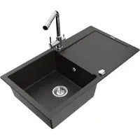Mexen Leo Évier en granit 1 bac avec égouttoir et mitigeur Duero, noir/or métallisé - 6501-75-671600-00