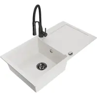 Mexen Leo évier en granit 1 bac avec égouttoir et mélangeur Aster, blanc - 6501-20-73450-70-B