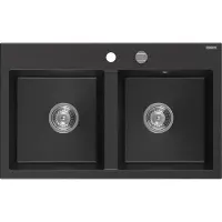 Mexen Hektor Evier en granit à 2 compartiments 800 x 480 mm, noir/argent métallisé, siphon chrome - 6521802000-73