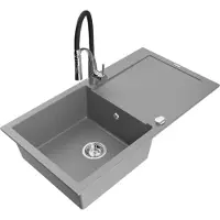 Mexen Leo Évier 1 bac en granit avec égouttoir et mitigeur Aster, Gris - 6501-71-73450-07