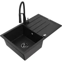 Mexen Bruno Evier 1 bac en granit avec égouttoir et mitigeur Aster, Noir - 6513-77-73450-70-B