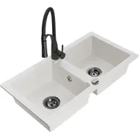 Mexen Mario Évier en granit 2 cuves avec mitigeur Aster, blanc - 6504-20-73450-70-B