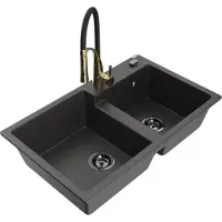 Mexen Tomas Évier de cuisine en granit 2 cuves avec robinet mitigeur Aster, noir moucheté - 6516-76-73450-57-B