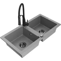 Mexen Mario évier en granit 2 cuves avec mitigeur Aster, Gris - 6504-71-73450-70-B