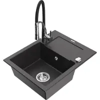 Mexen Enzo granit évier 1 avec égouttoir y compris mélangeur Aster, noir moucheté (6506-76-73450-07)