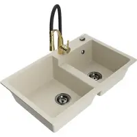 Mexen Tomas évier en granit 2 cuves avec mitigeur Aster, Beige - 6516-69-73450-57-B