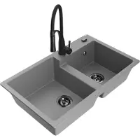 Mexen Tomas évier en granit 2 cuves avec mitigeur Aster, Gris - 6516-71-73450-70-B
