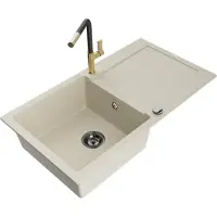 Mexen Leo Évier en granit 1 cuve avec égouttoir et mélangeur Flora, Beige - 6501-69-670401-57-B