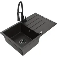 Mexen Bruno Evier 1 bac en granit avec égouttoir et mitigeur Aster, Noir/Or métal - 6513-75-73450-70-B