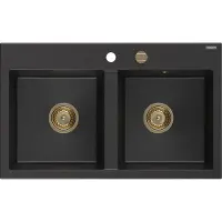 Mexen Hektor évier en granit à 2 bacs 800 x 480 mm, noir/argent métallisé, siphon doré - 6521802000-73-G