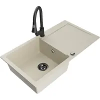 Mexen Leo Évier en granit 1 bac avec égouttoir et mélangeur Elia, Beige - 6501-69-670101-70
