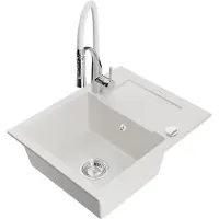 Mexen Enzo granit évier 1 avec égouttoir y compris mélangeur Aster, blanc (6506-20-73450-02)