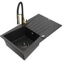 Mexen Cesar Évier en granit 1 bac avec égouttoir et mitigeur Aster, métal noir/argent - 6514-73-73450-57-B