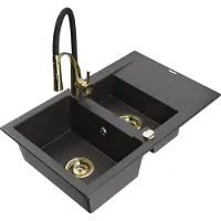 Mexen Gaspar évier en granit 1,5 bac avec égouttoir et mitigeur Aster, noir moucheté - 6507-76-73450-57-G