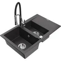 Mexen Gaspar évier en granit 1,5 bac avec égouttoir et mitigeur Aster, noir moucheté - 6507-76-73450-07