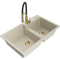 Mexen Tomas évier en granit 2 cuves avec mitigeur Aster, Beige - 6516-69-73450-57-G