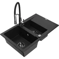 Mexen Gaspar évier en granit 1,5 bac avec égouttoir et mitigeur Aster, Noir - 6507-77-73450-07-B