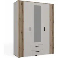 Ava Armoire 150 Cm Miroir 2 Tiroirs Façade Cannelée Chêne Evoke Cashmere Beige
