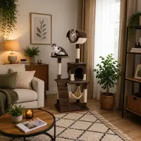 Belviona Arbre à chat , arbre d'escalade pour chats avec niche, hamac, escalier et plate-forme de repos, 133 cm, marron/beige