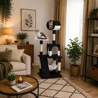 Belviona Arbre à chat , arbre d'escalade pour chats avec niche, hamac, escalier et plate-forme de repos, 133 cm, noir/blanc