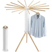 Relaxdays Séchoir à linge , pliable, 16 barres de séchage, H x P 121 x 112 cm, pour le balcon et le camping, séchoir à linge en bois, blanc/naturel
