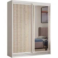 MargaretHadas24 Armoire Dora avec lamelles et miroir 120 cm, 2 portes coulissantes incluses Armoire à portes coulissantes (couleur : blanc, blanc, lamelles artisan)