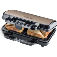 Bestron XL Sandwichmaker, Grille-pain anti-adhésif pour 2 sandwiches, avec réglage automatique de la température & indicateur de disponibilité, 900 Watt, Couleur : Beige clair/Satin