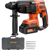 Vevor Marteau perforateur sans fil 20 V sans balais, Lithium-Ion 28 mm, kit électrique léger SDS-Plus avec batterie & chargeur & coffret de transport, 4 fonctions, 1200 tr/min, 5300 BPM