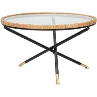 Mauro Ferretti Table Basse Ronde Saint Barth Ø 80 Cm En Métal, Verre Et Rotin - Finition Dorée Et Style Bohème Chic Pour Les Intérieurs