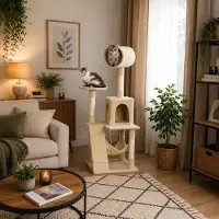 Belviona Arbre à chat , arbre d'escalade pour chats avec niche, hamac, escalier et plate-forme de repos, 133 cm, beige