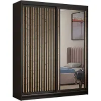 MargaretHadas24 Armoire Dora avec lamelles et miroir 100 cm, 2 portes coulissantes incluses Armoire à portes coulissantes (couleur : noir, noir, lamelles artisan)