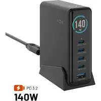 FIXED Station de charge fixe GaN 140W, noire, avec 4 ports USB-C et 1 port USB-A