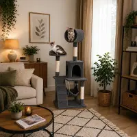 Belviona Arbre à chat , arbre d'escalade pour chats avec niche, hamac, escalier et plate-forme de repos, 133 cm, gris foncé