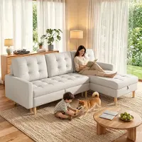 Merax Canapé d'angle avec pieds en plastique robustes et espace de rangement, canapé en L avec méridienne amovible, canapé 3 places en tissu non-tissé, canapé de salon, beige