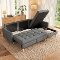 Merax Canapé d'angle avec pieds en plastique robustes et espace de rangement, canapé en L avec méridienne amovible, canapé 3 places en tissu non-tissé, canapé de salon, gris