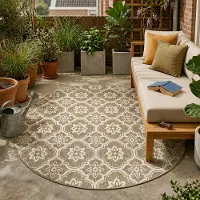 FRAAI Tapis d’extérieur rond – Rio Flower Beige | Ø 230 cm | Rond | Tissage plat