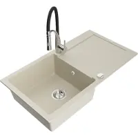 Mexen Leo évier en granit 1 bac avec égouttoir et mélangeur Aster, Beige - 6501-69-73450-07