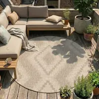 FRAAI Tapis d'extérieur en jute rond - Atlas Diamond Marron/Crème | Ø 160 cm | Rond | Tissage plat
