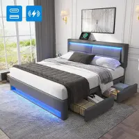 Sweiko Lit capitonné 140 x 190 cm avec port USB, avec éclairage LED et quatre tiroirs de rangement, sans matelas, designPolyuréthanelitchi,gris
