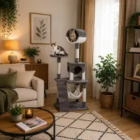 Belviona Arbre à chat , arbre d'escalade pour chats avec niche, hamac, escalier et plate-forme de repos, gris/blanc