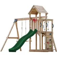 Axi Moos Aire De Jeux En Bois Avec 2 Balançoires, Echelle En Corde, Toboggan Vert / Aire De Jeux Extérieur Avec Balançoires/ Bac À Sable/Mur
