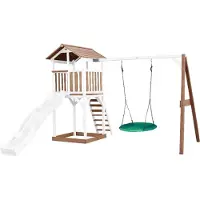 Axi Beach Tower Aire De Jeux Avec Toboggan En Blanc, Balançoire Nid D'Oiseau Vert & Bac À Sable | Grande Maison Enfant Extérieur En Marron & Blanc |
