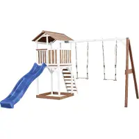 Axi Beach Tower Tour de jeux en bois en brun & blanc | Maison de jeux pour enfants avec toboggan bleu, double balançoire et bac à sable | Maison sur pilotis pour le