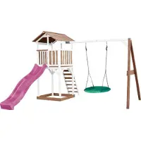 Axi Beach Tower Tour de jeux en bois en brun & blanc | Maison de jeux pour enfants avec toboggan violet, balançoire nid d'abeille et bac à sable | Maison sur pilotis pour le jardin