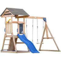 Axi Mia Tour de jeux en bois marron avec double balançoire | Aire de jeux pour enfants avec toboggan bleu, balançoire, mur d'escalade & bac à sable | Maison sur pilotis
