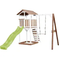 Axi Beach Tower Tour de jeux en bois en brun & blanc | Maison de jeux pour enfants avec toboggan vert clair, balançoire et bac à sable | Maison sur pilotis pour le jardin