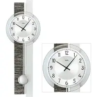 AMS 7439 Horloge murale à quartz avec pendule argenté gris aspect bois Horloge à pendule avec verre