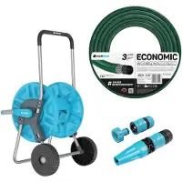 Cellfast Aluplus : chariot de tuyau en aluminium, 1/2", 60 mètres + Economic : tuyau de jardin, 1/2", 20 mètres + Ensemble comprenant un embout de pulvérisation Basic, 1/2"