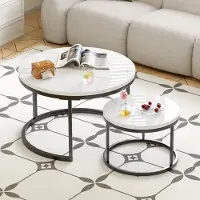 MODFU Table basse 2-en-1, tables gigognes rondes Ø70+Ø45 cm, table de salon avec cadre métal et patins antidérapants, noir&blanc