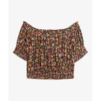 Superdry Femme Haut Court à Manches Courtes Smocké Marron, Vert et Rouge Imprimée Floral, Taille: 36 Taille: 36